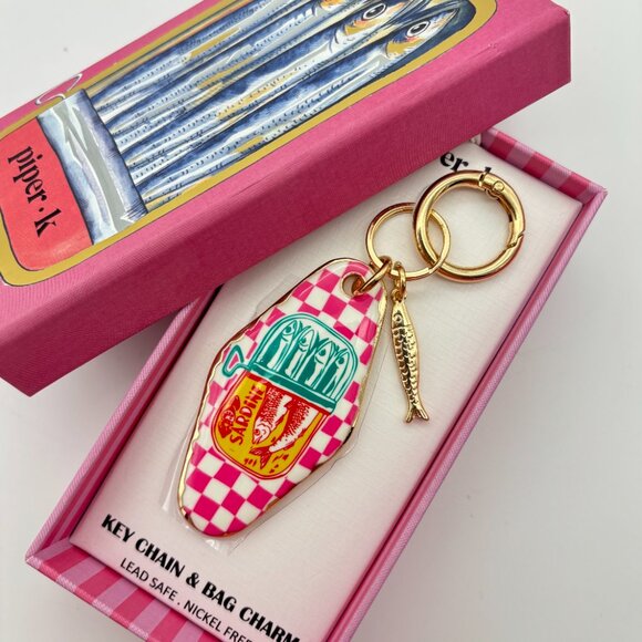 Piper K Pink Checkered Gold Sardines Fish Purse Bag Charm Keychain Viral TikTok - Picture 1 of 5